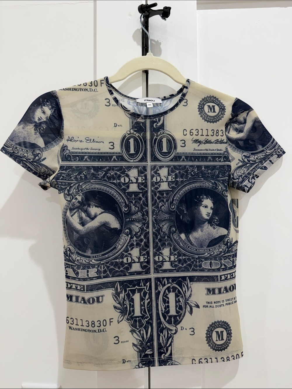 Miaou Beige and Navy Dollar Print Short Sleeve Top